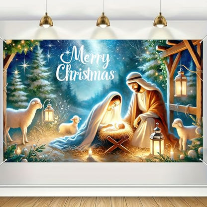 BlissYard Nativity Scene Banner 71x43 Inches Merry Christmas Manger Scene Banner Religious Christian Backdrop for Church Indoor Outdoor Christmas Backdrop Nativity Background Holiday Decoration