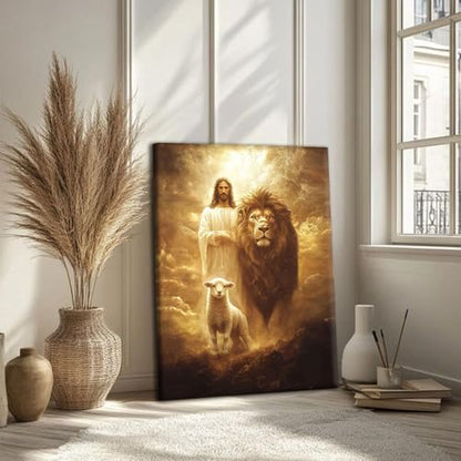 RJETZMU Jesus Lion and Lamb Christian Canvas Art, Gallery Wrapped, 12x16 - color: Golden Jesus, size: 16"L x 12"W
