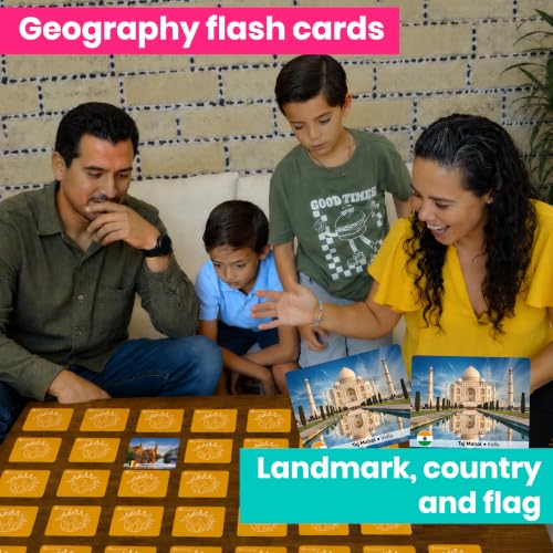 Menique Explore the World Memory Matching Game – Geography Game with 100 Photo Cards, 50 Countries, Flags & Landmarks – Travel Card Game with Educational Booklet, Ages 3+ - style: Explore the World