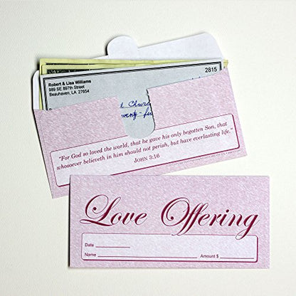 Love Offering - Church Tithe/Donation Envelopes, Burgundy, Simple Design, Easy-Open Tab, Fits Bills & Checks, Name, Date & Amount, John 3:16 KJV Verse, Choose Your Quantity (125 or 500) - size: Box of 500