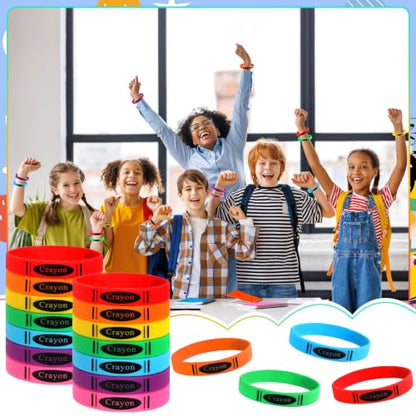 JUNEBRUSHS 42 Pcs Crayon Silicone Bracelets First Day of School Classroom Crayon Decor Welcome School Wristbands Back to School Party Favors for Students Exchange Teacher Gifts - style: Crayon Style