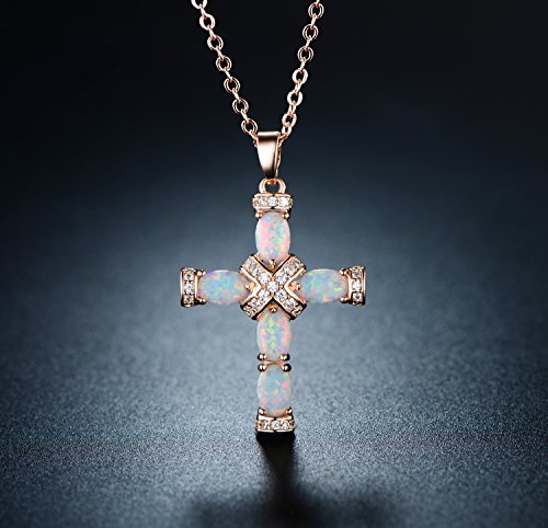 Barzel 18K Gold Plated Created Opal Cross with Chain, 18 Inches with 2 Inches Extension - color: Rose Gold