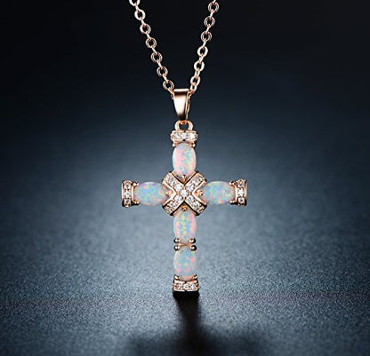 Barzel 18K Gold Plated Created Opal Cross with Chain, 18 Inches with 2 Inches Extension - color: Rose Gold