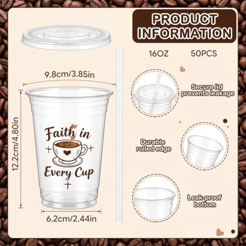 50 Count 16 oz compostable cold drink cups with lids and straws, plant-based PLA disposable tasting cups for juice cold drink sampling, gatherings, picnics, travel bachelor parties
