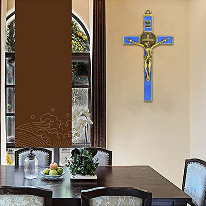 Jesus Crucifix Cross Metal Wall Decor,Saint Benedict Pendant Christian - color: Blue