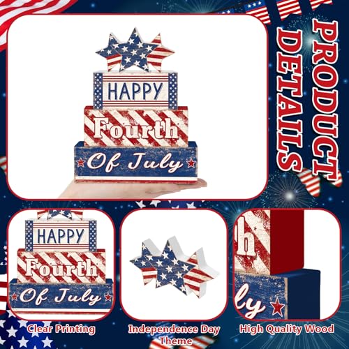 Britimes Tiered Tray Decor Set, 4 Pack, Wooden, Patriotic Independence - style: Happy 4th of July