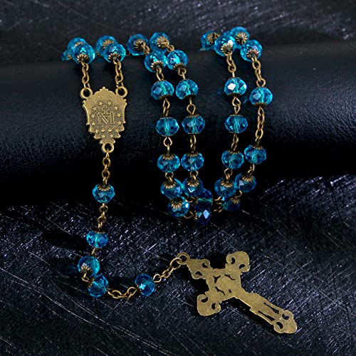 KOMI Rosary Beads Catholic for Women Gemstone Rosary Beads Necklace with Crucifix Cross Crystal Pearl Rosary Rosarios Catolicos Catholic Gifts - style: 8mm Blue Crystal Beads