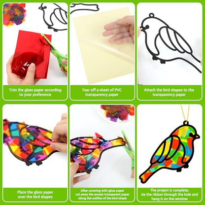 Lonfliness 32 Sets Bird Suncatchers Craft Kit DIY Birds Window Stained Glass Effect Paper Spring Home School Classroom Decoration Art Craft Creative Activity Project Gift Favor - style: Bird