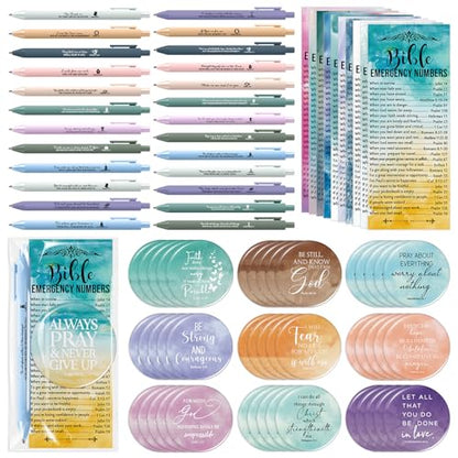 Feifeiya 50 Sets Christian Gifts Bulk for Church Bible Verses Ballpoint Pens Religious Emergency Bookmarks Compact Mirrors for Women Grandmother Bible Study Group