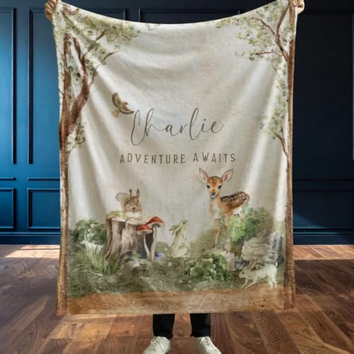 Custom Woodland Blanket, Personalized Baby Crib Throw, Toddler Birthday Gift, Adventure Awaits Theme - color: Forest Blanket #9