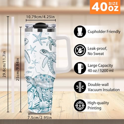 40oz Sea Turtle Tumbler with Straw Handle, Ocean Theme Gifts for Women Girls, Marine Life Stainless Steel Insulated Travel Coffee Mug Drink Cup for Teenagers Youth Birthday Graduation Beach Vacation - color: Sea Turtle-D-177