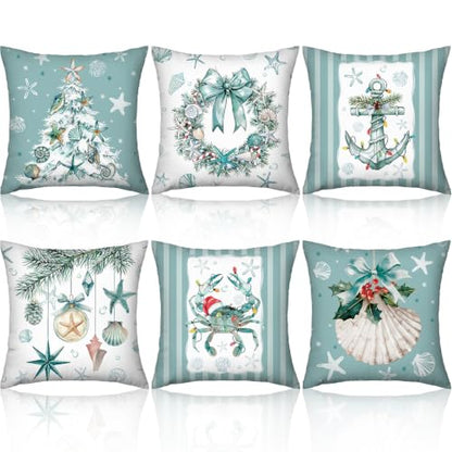 FuWeave 6 Set Christmas Pillow Cover 18 x 18 Inch Coastal Beach Nautical - style: Coastal Christmas