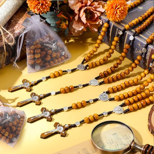 Equsion 24 Set Wooden Rosary Necklace Catholic Jesus Cross - color: Coffee