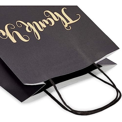 24 Pack Medium Black Thank You Party Favor Paper Goodie Gift Bags with Handles, Gold Foil - color: Black,Gold