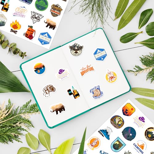 LINAYE 24 Sheets Travel Camping Stickers for Adults Kids, 960 PCS Nature Camp Stickers Waterproof Self Adhesive for Travel Bags Water Bottles, Camping Party Favors Supplies Rewards for Classroom - style: Camping 24 Sheets