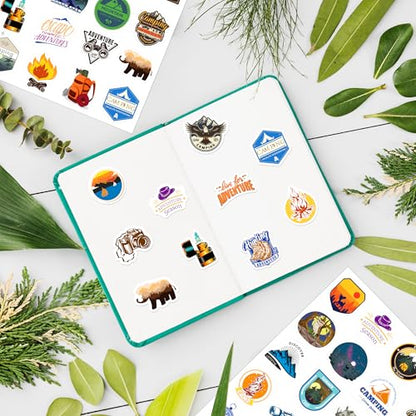LINAYE 24 Sheets Travel Camping Stickers for Adults Kids, 960 PCS Nature Camp Stickers Waterproof Self Adhesive for Travel Bags Water Bottles, Camping Party Favors Supplies Rewards for Classroom - style: Camping 24 Sheets