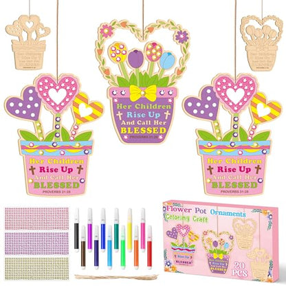 BeYumi Mom Wooden Ornament Craft - 20Pcs Mother's Day DIY Wooden Flower Pot Ornament Craft Kit Make Your Own Christian Bible Verse Crafts Decor with Gem Stickers Kids to Mom School Home Party Supplies - style: Flower Pot