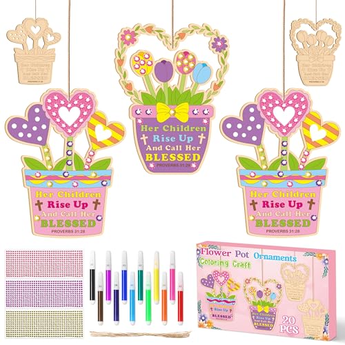 BeYumi Mom Wooden Ornament Craft - 20Pcs Mother's Day DIY Wooden Flower Pot Ornament Craft Kit Make Your Own Christian Bible Verse Crafts Decor with Gem Stickers Kids to Mom School Home Party Supplies - style: Flower Pot