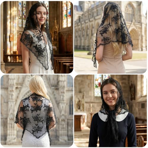Lystaii Triangle Lace Mantilla Veil Catholic Chapel Head Covering Scarf - color: Black