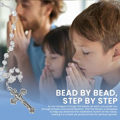 Baptism Gifts for Boys and Girls – White Rosary with Ceramic Keepsake Box and Card - color: White