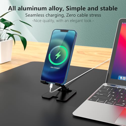 Amzpas Adjustable Cell Phone Stand Metal, Foldable Desktop Cellphone Stand with Anti-Slip Base and Convenient Charging Port, for Phone 17 16 15 14 13 12 11 Pro Xs Xs Max Xr X 8, All Phones - color: Black