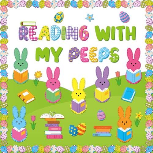 gisgfim Easter Reading Bulletin Board Decoration Set Spring Easter Bunny Egg Borders Cutouts Decor for Reading with My Bulletin Board Craft Spring Classroom School Library Home Wall(Bunny) - style: Easter Reading