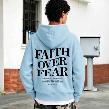 Fkatuzi Christian Faith Over Fear Hoodies For Teen Jesus Hoodie God Sweatshirt Bible Verse Religious Graphic Tops - color: Light Blue, size: Medium