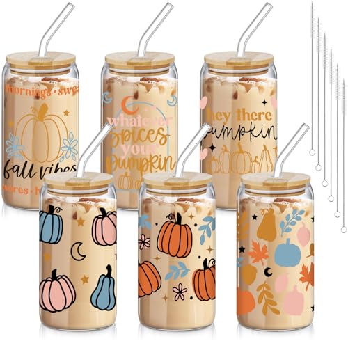 SiliFine 6 Pcs Fall Pumpkin Glass Cups, 16 oz with Lids and Straws - style: Harvest
