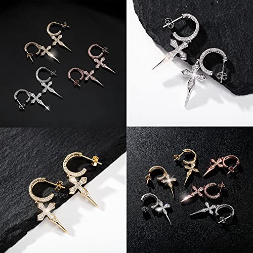 TOPGRILLZ Cross Hoop Dangle Earrings 925 Sterling Silver 5A+ Cubic Zirconia 14K Gold Hypoallergenic Cross Hoop Cuff Huggie Drop Earrings For Men Women - color: 925 Sterling Silver