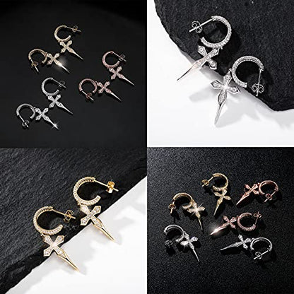 TOPGRILLZ Cross Hoop Dangle Earrings 925 Sterling Silver 5A+ Cubic Zirconia 14K Gold Hypoallergenic Cross Hoop Cuff Huggie Drop Earrings For Men Women - color: 925 Sterling Silver