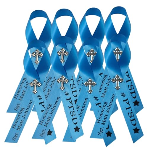Personalized Memorial Service Funeral Ribbon Pins 20 Cross Religious Celebration of Life Custom Made Awareness Remembrance Anniversary Death Cross Sympathy Name Angel - color: Turquoise