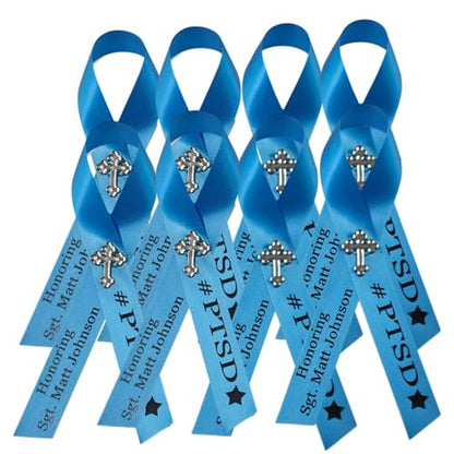 Personalized Memorial Service Funeral Ribbon Pins 20 Cross Religious Celebration of Life Custom Made Awareness Remembrance Anniversary Death Cross Sympathy Name Angel - color: Turquoise
