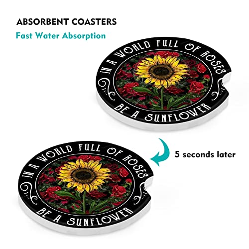 Car Coasters 2 Pack, Small 2.56" Stone Car Cupholder Absorbent Coaster Set for Women Men Drink Cup Holder Coasters (Sunflower&Roses) - color: Sunflower&roses