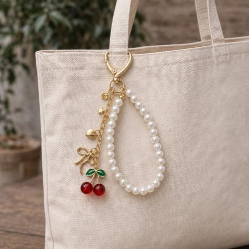 Cute Bag Charms Keychain - Pearl Keyring Wristlet Birthday Gifts - color: Red Cherry