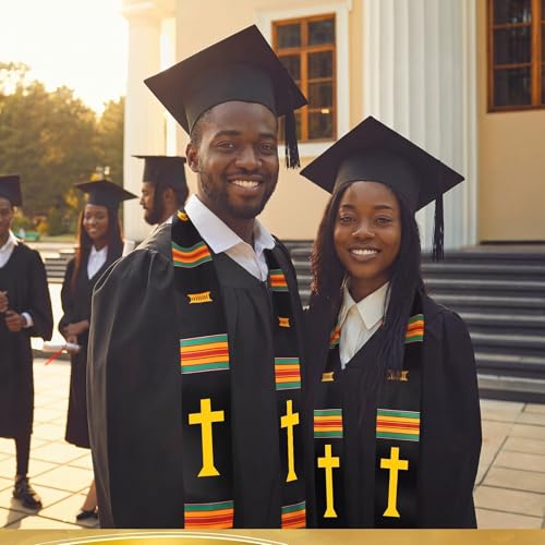 Geyoga Graduation Stole Kente Stole Black Authentic African Art 72" x 4.8" for Adult College Unisex Grads Celebrate - style: Christian Cross