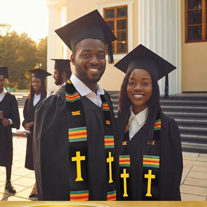 Geyoga Graduation Stole Kente Stole Black Authentic African Art 72" x 4.8" for Adult College Unisex Grads Celebrate - style: Christian Cross