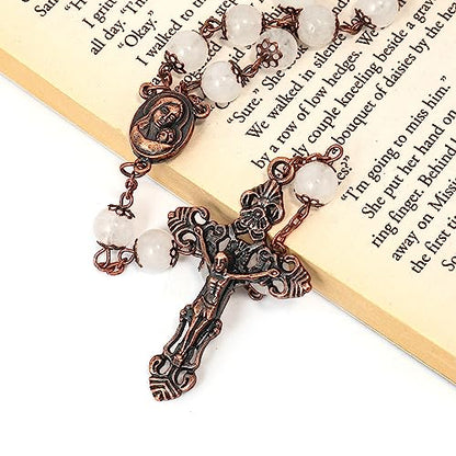 Nazareth Store Natural Stone Beads 8mm Rosary Necklace Antique Copper Design Holy Soil Medal & Cross in Velvet Bag - Catholic Rosaries Terra Santa Jerusalem Collection - color: Clear Agate