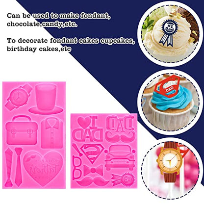 Whaline 2Pcs Father's Day Fondant Molds I Love DAD 3D Silicone Moulds Watch T-shirt Mustache Tie Pattern Resin Molds Cupcake Cookie Baking Decorating Moulds for Dad Birthday Party DIY Candy - style: Father's Day