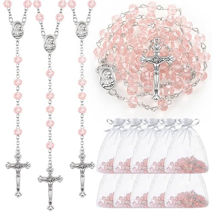ROCEEI 12/24 Set Catholic Rosary Beads Necklace Bulk - color: Pink
