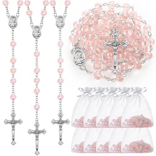 ROCEEI 12/24 Set Catholic Rosary Beads Necklace Bulk - color: Pink