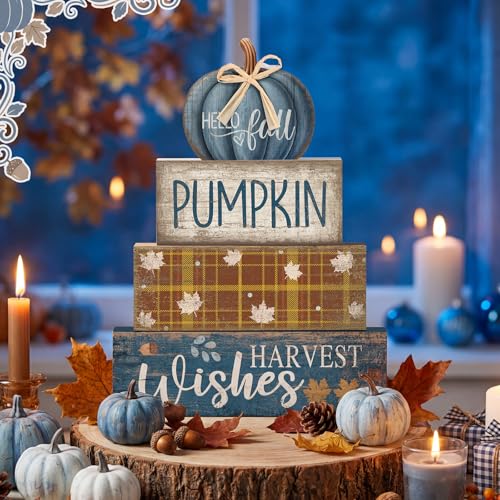 Lineshading 4 Pcs Blue Pumpkin Wooden Block Signs Fall Farmhouse Decor - style: Blue Pumpkin
