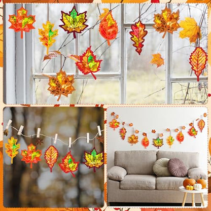 Motipuns 32 Sets Leaf Suncatcher Kits Fall Tissue Paper Stained Glass Art - style: Maple Leaf