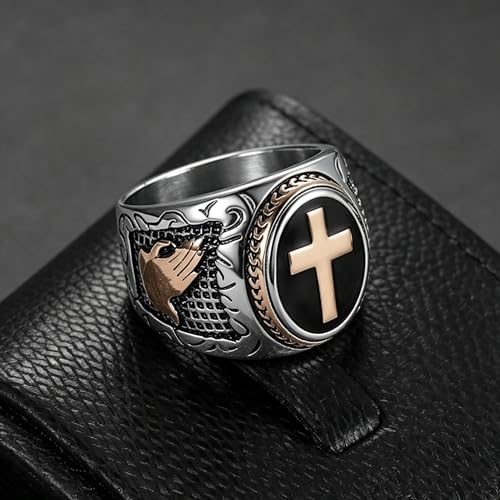 Vintage Men Ring Stainless Steel Religious Prayer Holy Cross Ring with Black Enamel Christian Jewelry Size8-12 - color: Rose Gold Plated Cross ring, size: 10