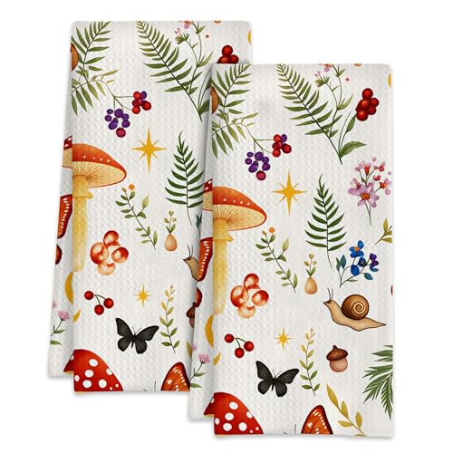 Mushrooms and Wildflowers Butterflies Kitchen Towels Set of 2,Bathroom Hand Towels 16x24 Inch Absorbent Tea Washcloths for Cleaning Spring Bathroom Decor Kitchen Accessories Gifts - color: Mushrooms and Wildflowers Butterflies