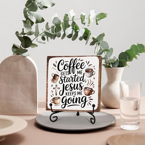 Coffee Gets Me Started Jesus Keeps Me Going Wooden Sign Decor, Rustic Wooden Plaque Sign With Iron Stand,Christian Home Office Bar Desk Shelf Decorations - style: Coffee
