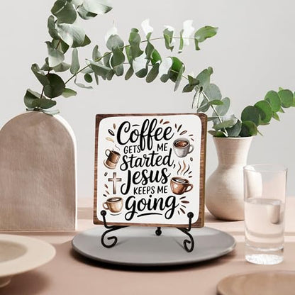 Coffee Gets Me Started Jesus Keeps Me Going Wooden Sign Decor, Rustic Wooden Plaque Sign With Iron Stand,Christian Home Office Bar Desk Shelf Decorations - style: Coffee
