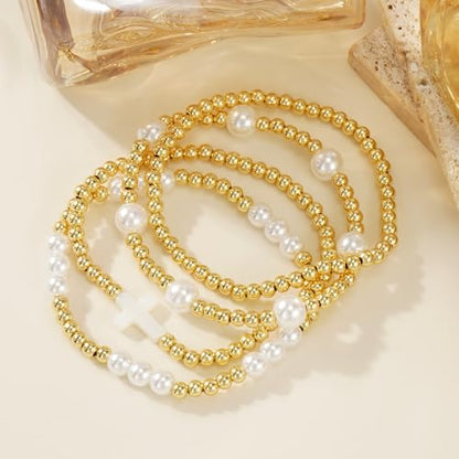 Gold Beaded Bracelets Stack for Women Stackable 14K Gold Plated Beads Ball Cross Bracelet Boho Christian Jewelry Faith Friendship Birthday Gifts for Women - color: White Cross