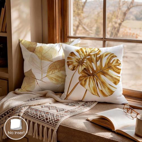 OBSEDE Golden Leaf Throw Pillow Covers 18 x 18 Set of 4 Single Side Print - color: Gilded Botanical Line Drawing, size: 18" x 18" (Pack of 4)