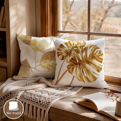 OBSEDE Golden Leaf Throw Pillow Covers 18 x 18 Set of 4 Single Side Print - color: Gilded Botanical Line Drawing, size: 18" x 18" (Pack of 4)