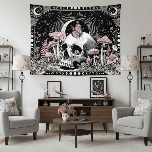 Accnicc Gothic Skull Butterfly Mushroom Tapestry 60 x 44 Inch - color: Pink White, size: 60"L x 44"W